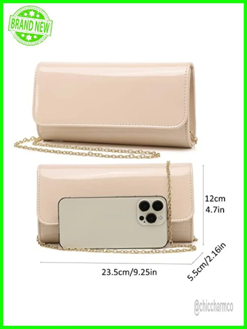 Patent Leather Envelope Clutch Evening Bag with Chain Strap